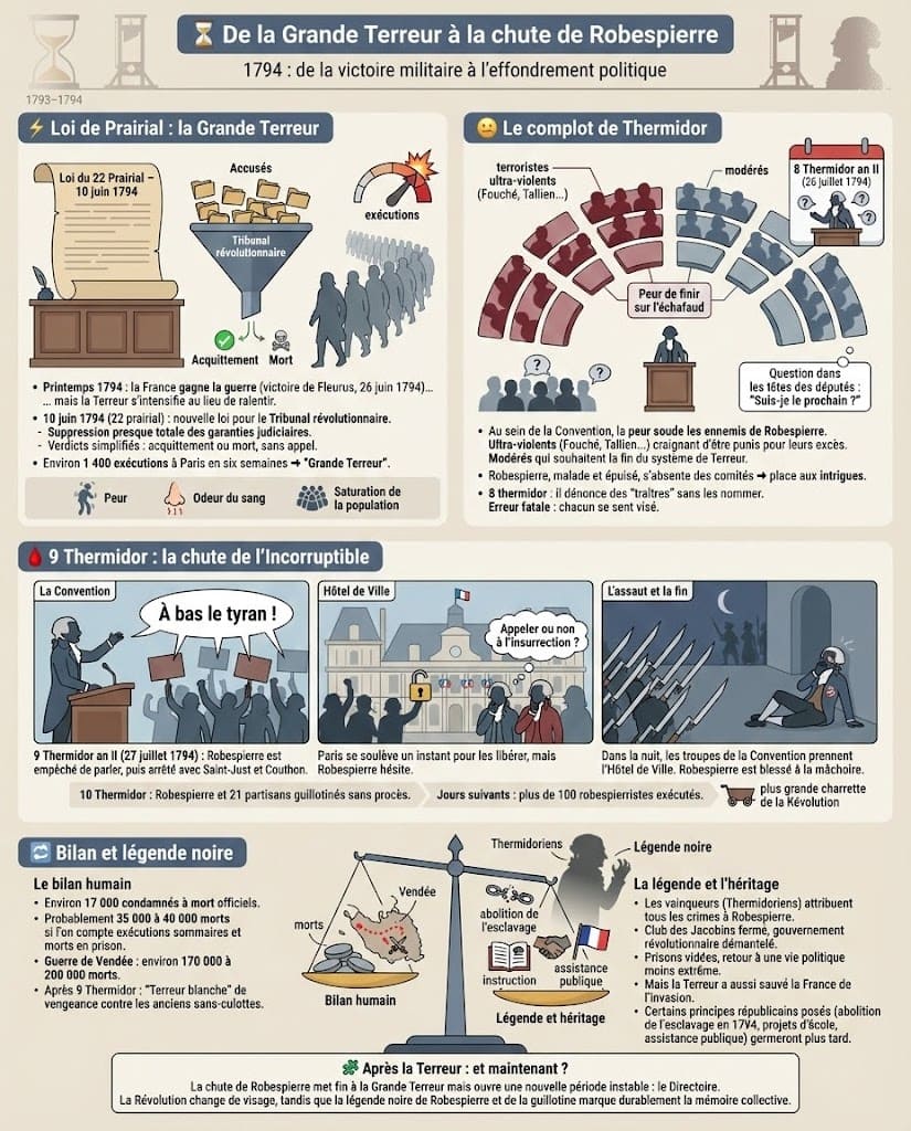 Infographie pédagogique divisée en quatre sections expliquant la chute de Robespierre en 1794 : l'intensification de la