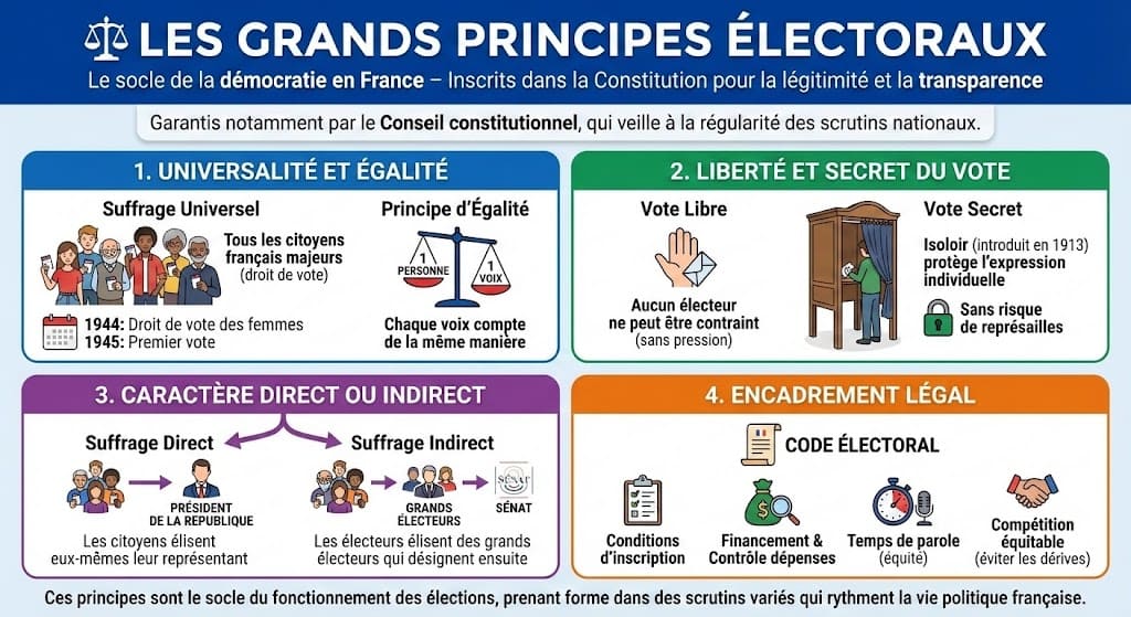 Infographie détaillant les quatre piliers des élections françaises inscrits dans la Constitution : universalité et égalité, liberté et secret du vote, caractère direct ou indirect, et encadrement légal strict.