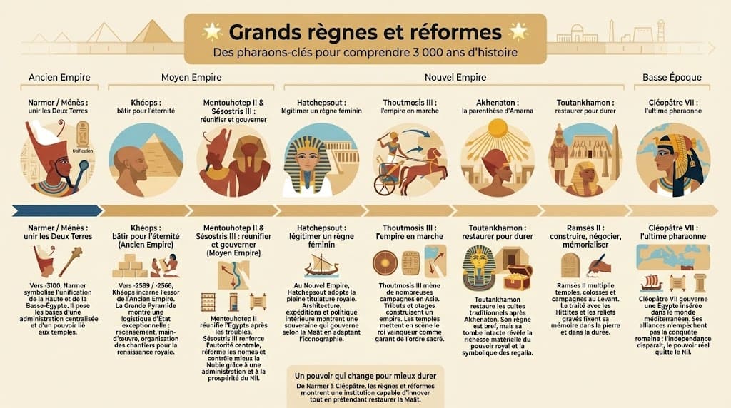 Infographie en frise chronologique présentant des règnes pharaoniques majeurs, de Narmer et Khéops à Hatchepsout, Thoutmosis III, Akhenaton, Toutankhamon, Ramsès II et Cléopâtre VII, avec leurs principales réformes politiques, religieuses et territoriales.