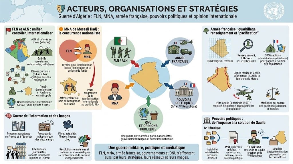 Infographie présentant les principaux acteurs de la guerre d’Algérie, FLN et ALN, MNA, armée française, pouvoirs politiques et ONU, ainsi que leurs stratégies militaires et politiques.