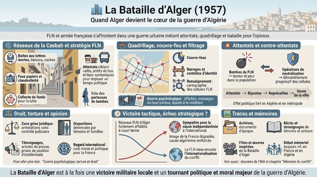 Infographie expliquant les réseaux du FLN dans la Casbah, le quadrillage