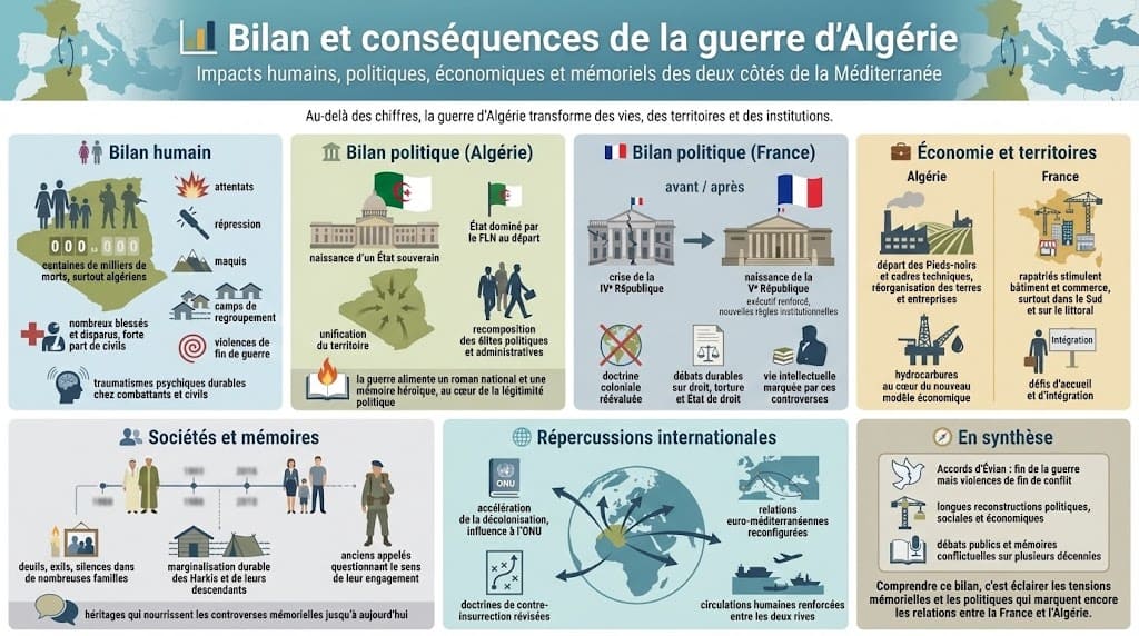 Infographie synthétisant le bilan humain, politique, économique, social et international de la guerre d’Algérie pour l’Algérie et pour la France.