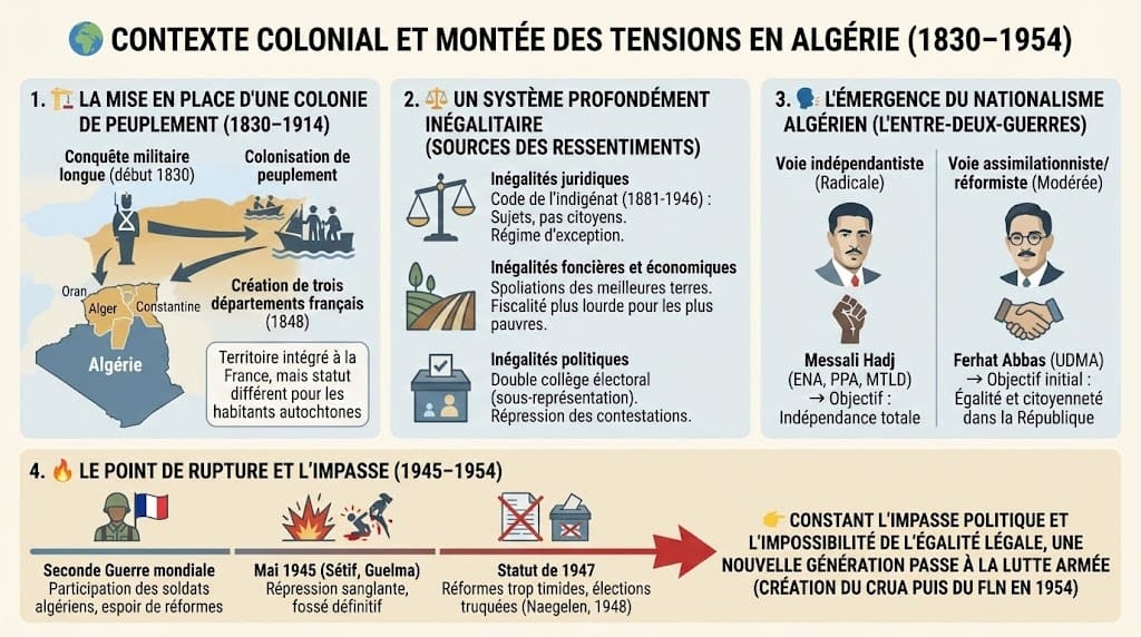 Infographie expliquant la conquête et la colonisation de l’Algérie par la France, les inégalités foncières et politiques et la montée du nationalisme algérien avant 1954.