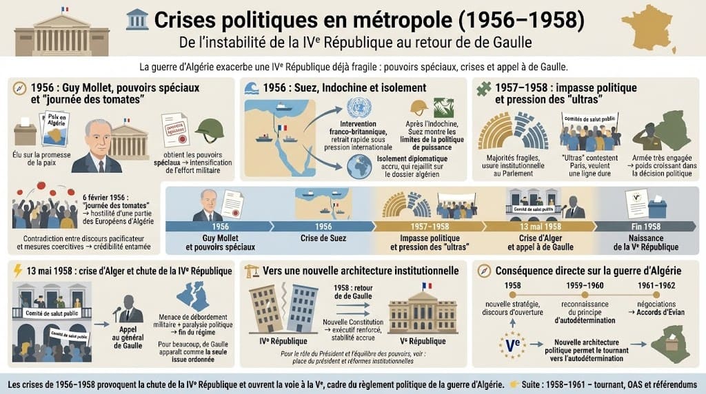 Infographie retraçant les gouvernements Mollet, la crise de Suez, la pression des « ultras », le 13 mai 1958 et la chute de la IVe République.