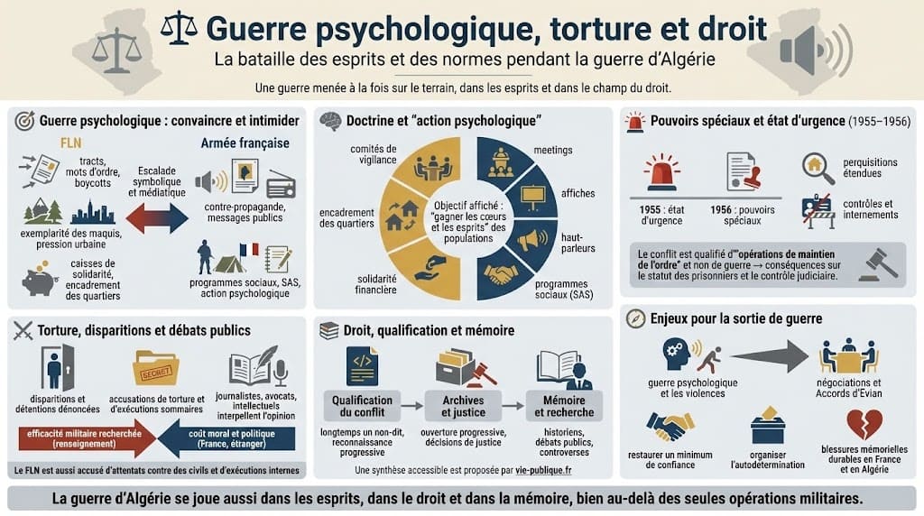 Infographie sur l’action psychologique, les pouvoirs spéciaux, les accusations de torture, les débats juridiques et les enjeux de mémoire liés à la guerre d’Algérie.