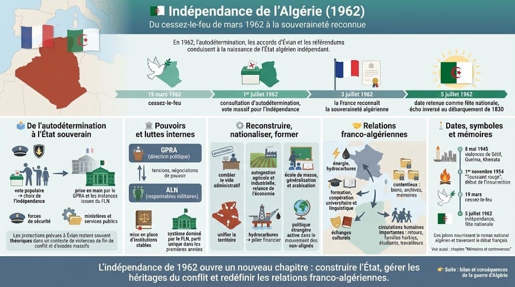 Infographie retraçant la chronologie de 1962, du cessez-le-feu aux référendums, la naissance de l’État algérien, la construction des institutions et les relations franco-algériennes.