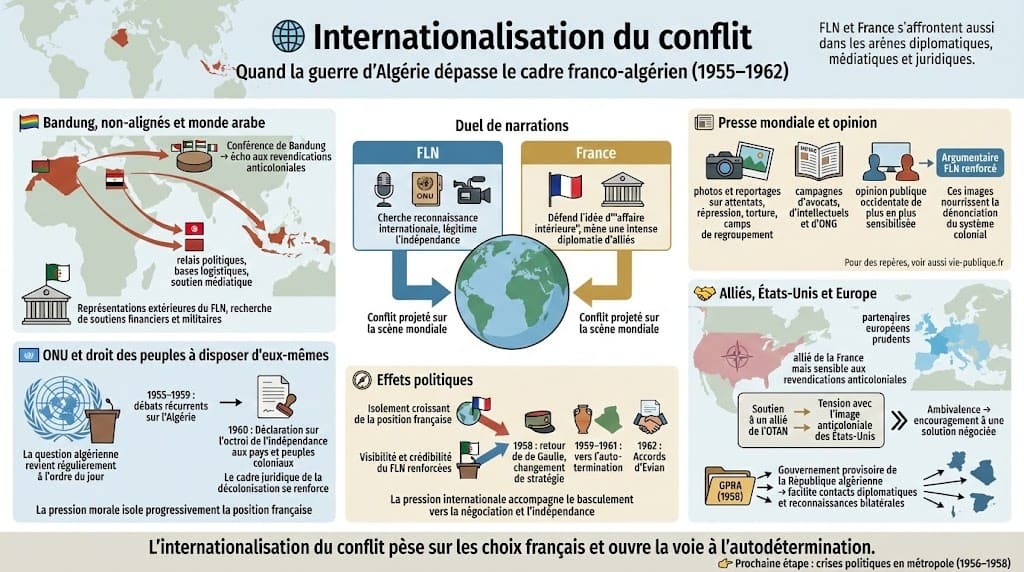 Infographie montrant le rôle de Bandung, des pays non-alignés, de l’ONU, de la presse mondiale et des alliés occidentaux dans l’internationalisation de la guerre d’Algérie.