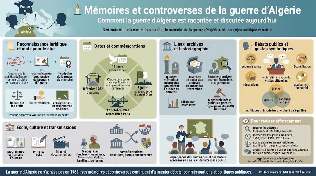 Infographie sur la reconnaissance juridique de la guerre, les dates de commémoration, les lieux de mémoire, les archives, les débats publics et les transmissions scolaires et culturelles.
