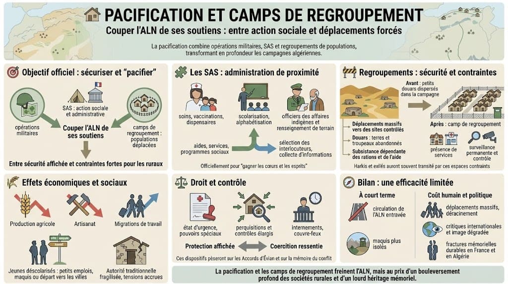 Infographie présentant la politique de pacification, le rôle des SAS, les déplacements forcés dans les camps de regroupement et leurs effets sociaux et économiques.