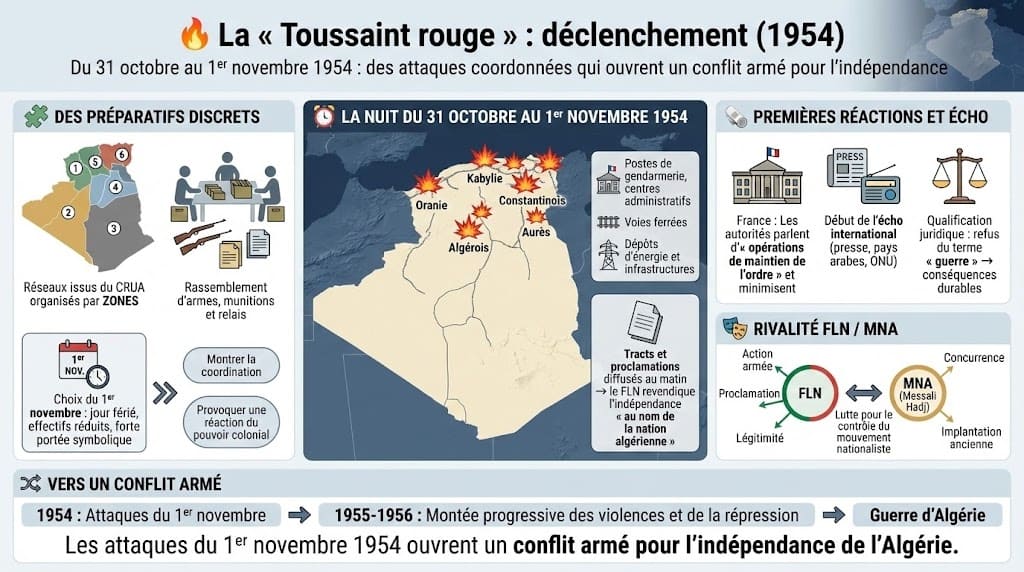 Infographie retraçant la nuit du 1er novembre 1954, les attentats coordonnés du FLN, leurs objectifs symboliques et les premières réactions des autorités françaises.