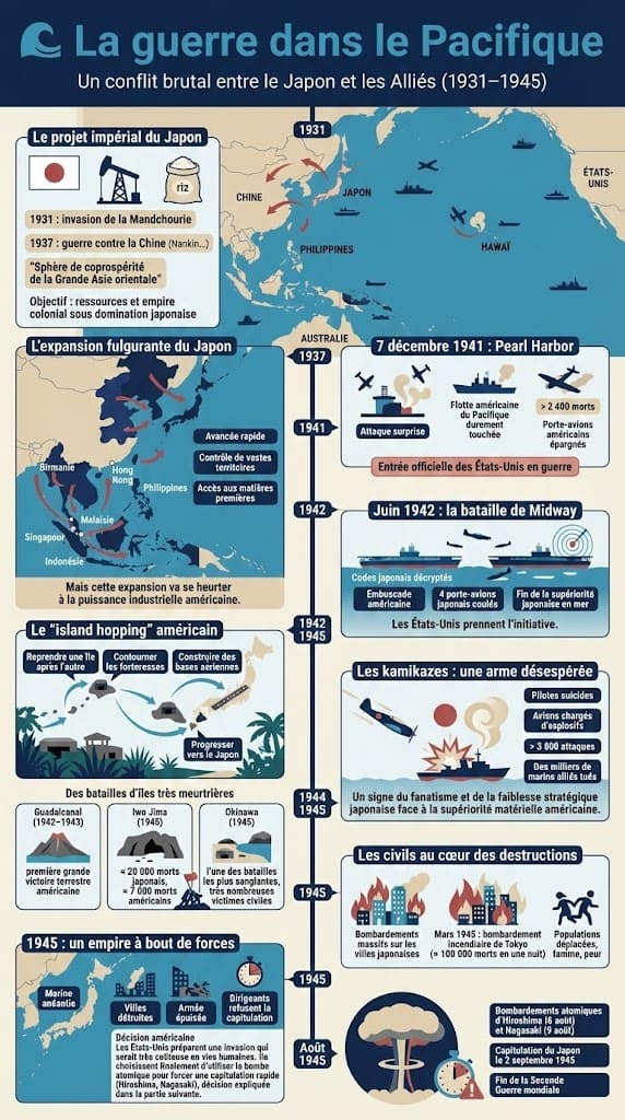 Carte du théâtre Pacifique montrant l’expansion japonaise, l’attaque de Pearl Harbor et la reconquête américaine île par île.