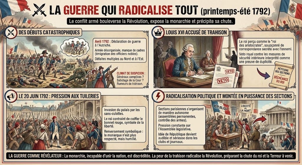 Infographie montrant l'impact de la guerre déclarée en avril 1792 : les défaites militaires initiales, le roi Louis XVI accusé de trahison, l'invasion des Tuileries le 20 juin, et la montée en puissance des sections parisiennes réclamant la République.