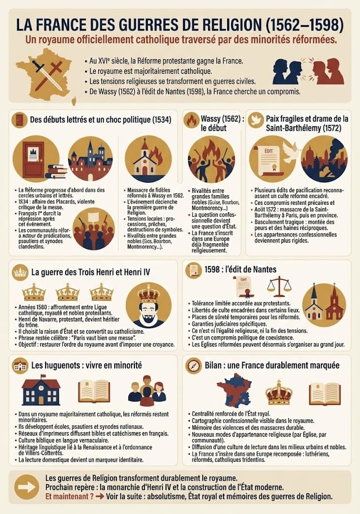 Frise chronologique des Guerres de Religion en France, du massacre de Wassy (1562) à l'Édit de Nantes (1598). Illustration des conflits entre catholiques et huguenots, incluant la Saint-Barthélemy et le règne d'Henri IV.