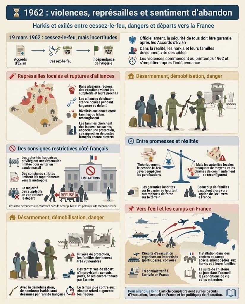 Infographie retraçant l’année 1962 pour les harkis, entre cessez-le-feu des Accords d’Évian, représailles locales, consignes restrictives françaises, désarmement, démobilisation et sentiment d’abandon.
