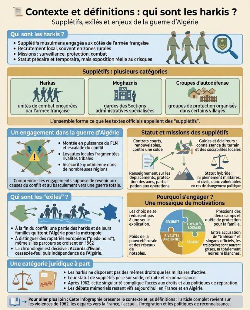 Infographie pédagogique expliquant qui sont les harkis pendant la guerre d’Algérie, leur statut de supplétifs musulmans, leurs missions aux côtés de l’armée française et la distinction avec les autres catégories d’auxiliaires.
