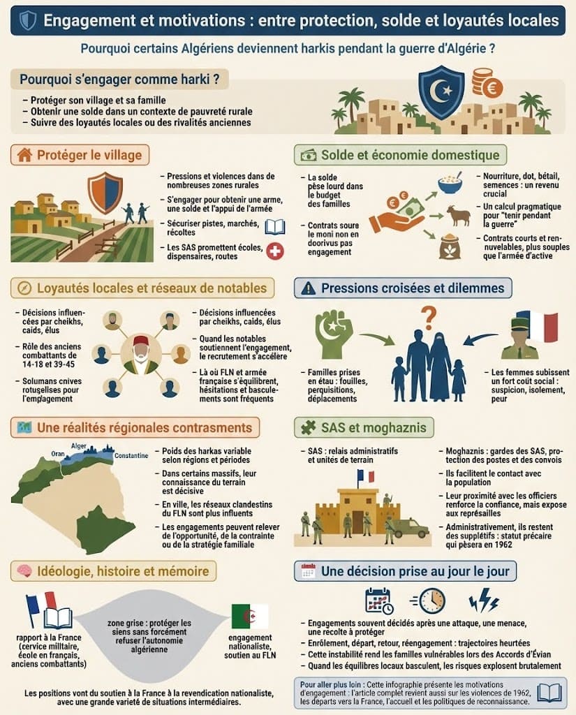 Infographie montrant les principales motivations d’engagement des harkis pendant la guerre d’Algérie, entre protection des villages, recherche de solde, loyautés locales, réseaux de notables et pressions croisées des deux camps.