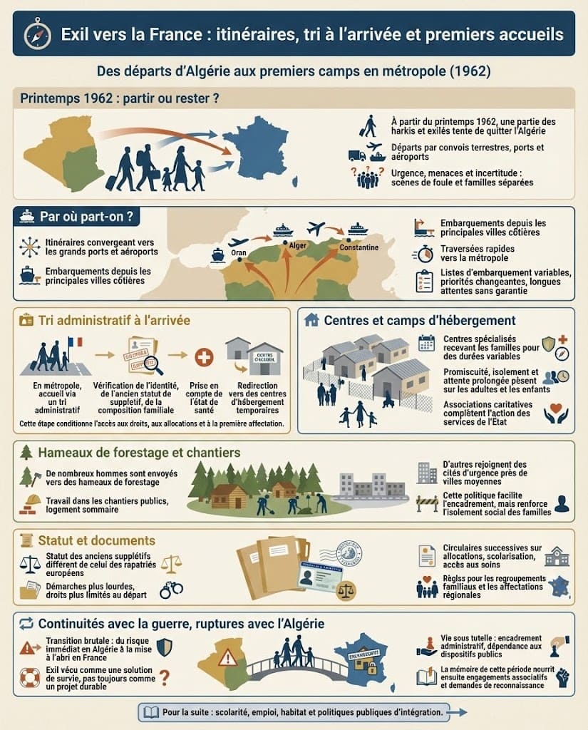 Infographie décrivant l’exil des harkis et de leurs familles vers la France en 1962, les itinéraires par ports et aéroports, le tri administratif à l’arrivée et l’orientation vers les premiers centres d’hébergement.