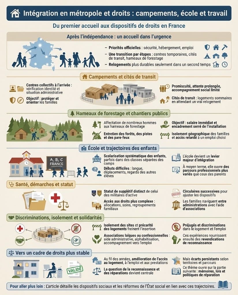 Infographie expliquant les étapes d’intégration des harkis et exilés en France, des campements et cités de transit aux hameaux de forestage, avec la scolarisation des enfants, l’accès à l’emploi et les premiers droits sociaux.