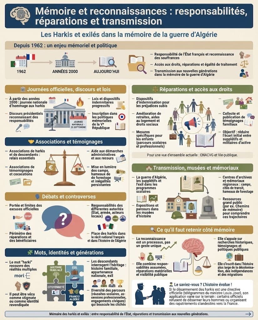 Infographie sur la mémoire des harkis depuis 1962, présentant les journées officielles, discours et lois, les dispositifs de réparations, le rôle des associations, les débats mémoriels et la transmission aux nouvelles générations.