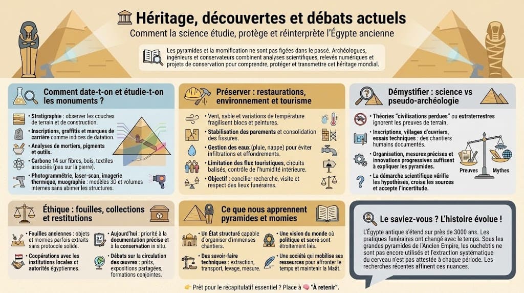 Infographie expliquant comment les pyramides et les momies sont étudiées aujourd’hui grâce aux datations, aux relevés 3D et aux scans, les enjeux de conservation face au climat et au tourisme, la distinction entre archéologie scientifique et pseudo-archéologie, ainsi que les débats éthiques sur les fouilles et les restitutions.