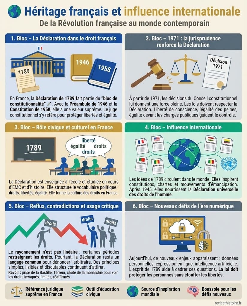 Infographie expliquant comment la Déclaration des droits de l’homme et du citoyen de 1789 est intégrée au bloc de constitutionnalité français, inspire la jurisprudence et influence les déclarations de droits et constitutions dans le monde.