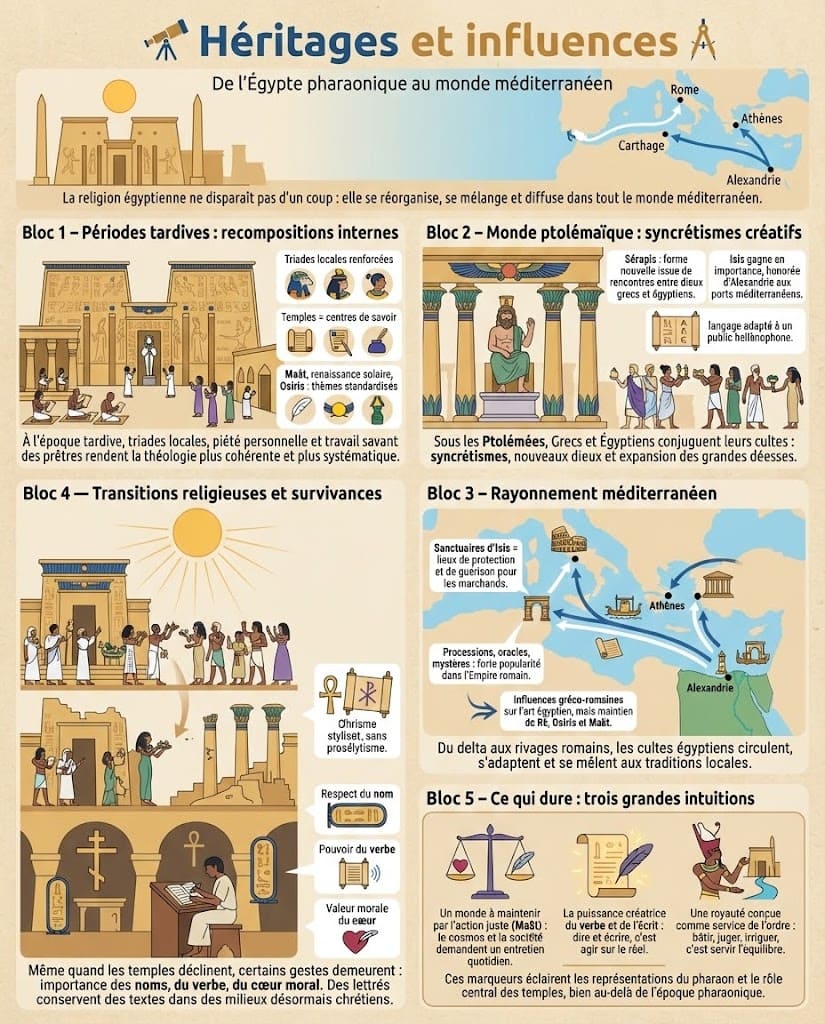 Infographie retraçant les recompositions tardives de la religion égyptienne, les syncrétismes ptolémaïques, le rayonnement des cultes d’Isis et de Sérapis dans le monde méditerranéen et les héritages symboliques liés à Maât, au verbe et à la royauté.