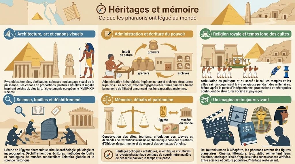 Infographie synthétisant les héritages de la royauté pharaonique : architecture monumentale, canons artistiques, administration et écriture du pouvoir, religion royale, archéologie, débats patrimoniaux et imaginaire moderne autour de l’Égypte antique.