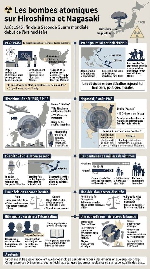 Infographie sur les bombardements atomiques d’août 1945, le projet Manhattan, les victimes civiles et la capitulation du Japon.