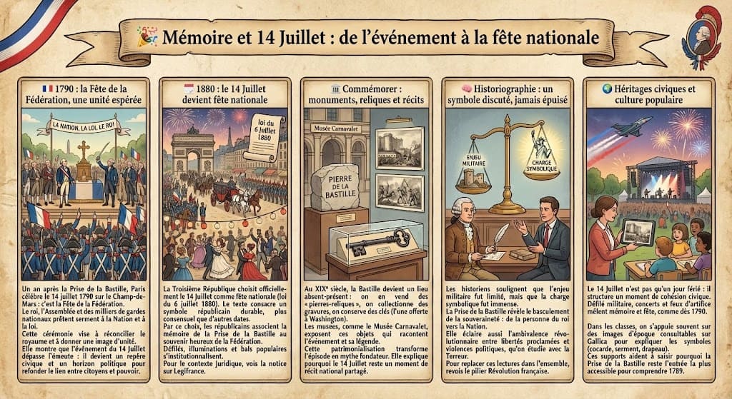 Infographie sur l'évolution mémorielle du 14 Juillet : de la Fête de la Fédération en 1790 à l'instauration de la fête nationale en 1880 sous la IIIe République, incluant les reliques, l'historiographie et les célébrations actuelles.