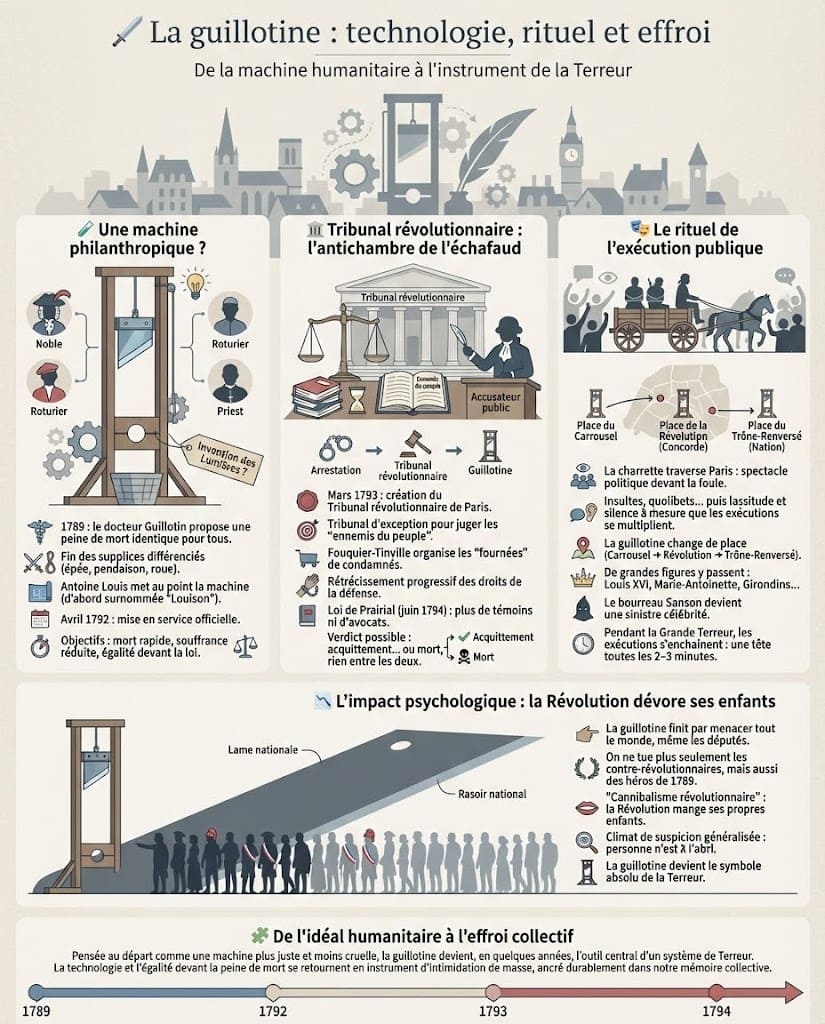 Infographie sur l'histoire de la guillotine pendant la Révolution : son origine philanthropique pour égaliser la peine de mort, sa place dans le processus du Tribunal révolutionnaire, le rituel des exécutions publiques et son impact psychologique durable.
