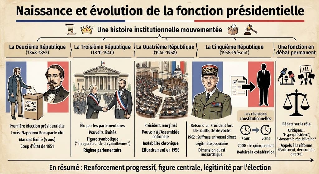 Infographie chronologique illustrant l'histoire des Présidents de la République française, de la Deuxième à la Cinquième République, montrant l'évolution des modes d'élection et des pouvoirs.