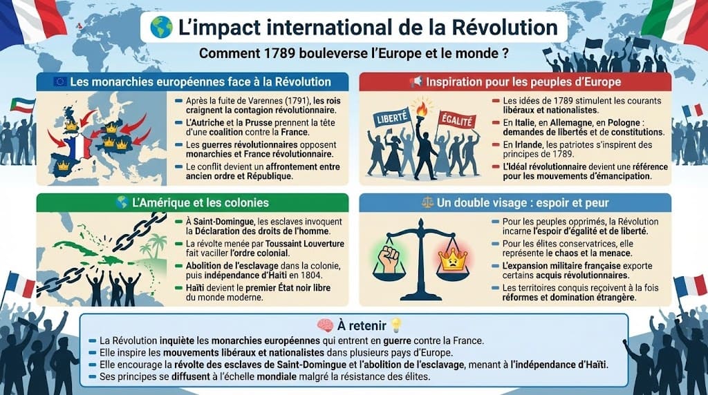 Infographie sur les répercussions internationales de la Révolution. Elle montre l'hostilité et les guerres des monarchies européennes, l'inspiration pour les patriotes étrangers, l'impact majeur dans les colonies avec l'indépendance d'Haïti, et le double visage d'espoir et de peur qu'inspire la France.