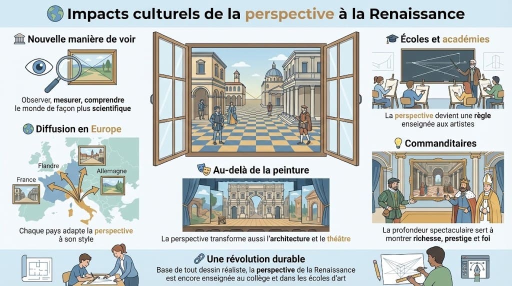 Infographie pédagogique illustrant les impacts culturels de la perspective à la Renaissance : nouvelle manière de voir scientifique, enseignement dans les académies, diffusion en Europe (Flandre, Allemagne, France), utilisation par les commanditaires pour le prestige, influence sur l'architecture et le théâtre, et son enseignement durable aujourd'hui.
