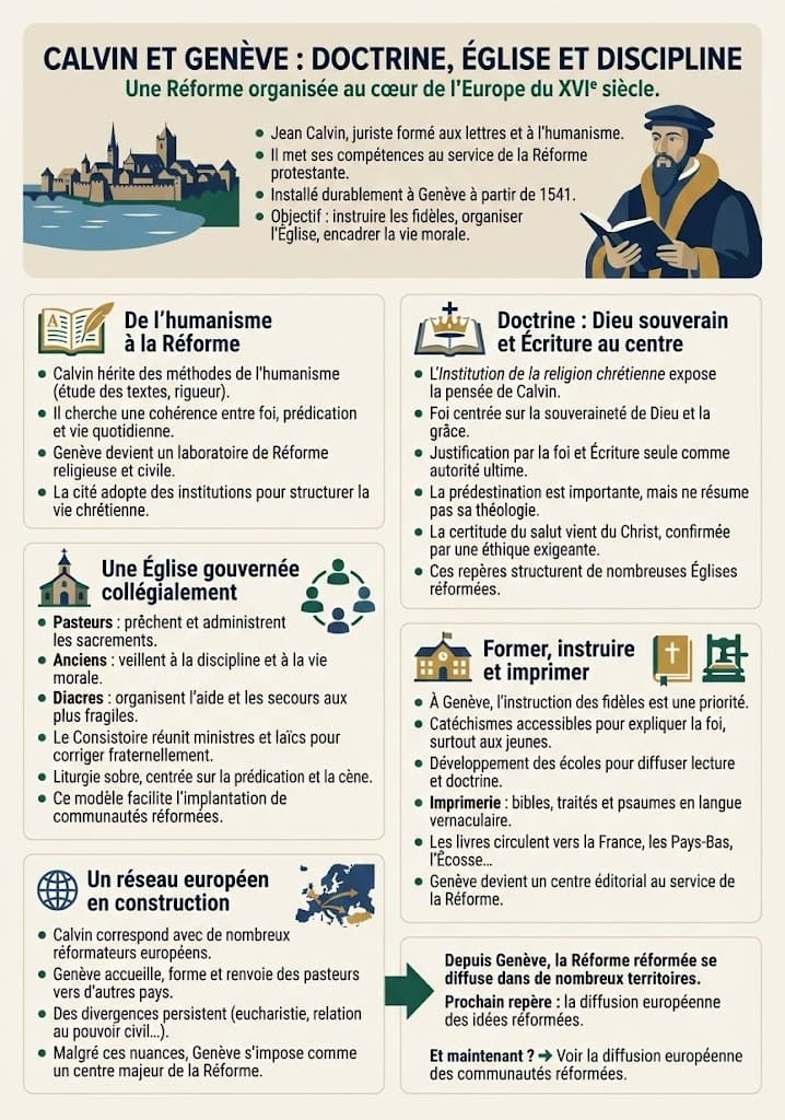Infographie sur Jean Calvin et l'organisation de la Réforme à Genève. Détails sur la prédestination, l'organisation de l'Église (pasteurs, anciens, consistoire) et le rôle de Genève comme centre de formation et d'imprimerie.