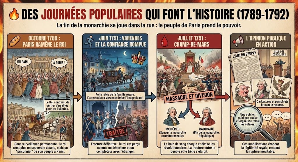 Infographie illustrant les grandes journées insurrectionnelles entre 1789 et 1792 : la marche des femmes sur Versailles pour ramener le roi à Paris, l'arrestation du roi à Varennes, la fusillade du Champ-de-Mars et le rÎle croissant de l'opinion publique.