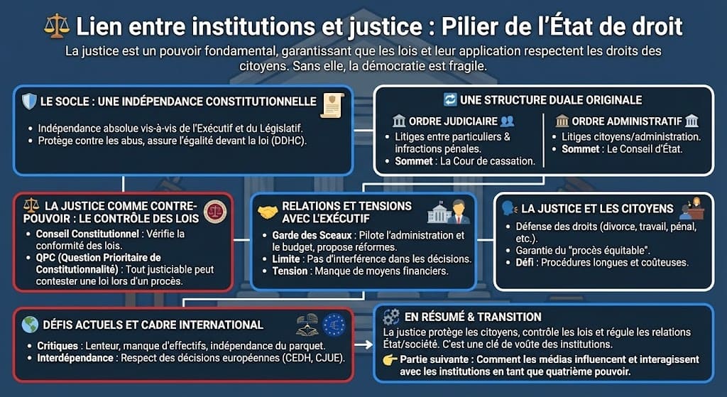 Infographie expliquant le système judiciaire français. Elle montre l'indépendance de la justice, la dualité entre ordre judiciaire (Cour de cassation) et ordre administratif (Conseil d'État), et le lien avec les citoyens.