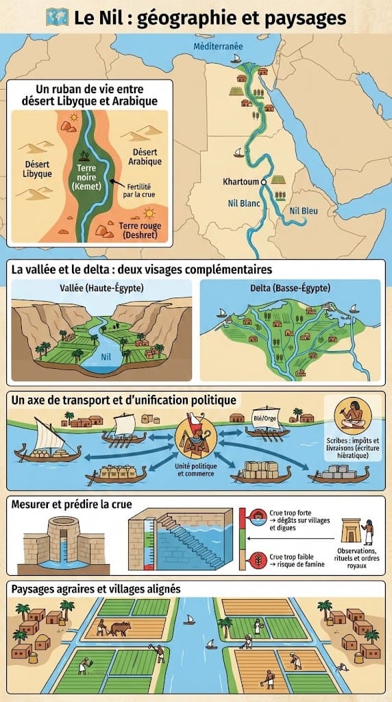 Infographie pédagogique avec une carte de l'Afrique montrant le cours du Nil, de ses sources au delta, traversant le désert. Elle illustre la vallée fertile, le delta, les affluents, et le contraste entre la terre noire et le désert, soulignant son rôle comme axe de vie et de transport.