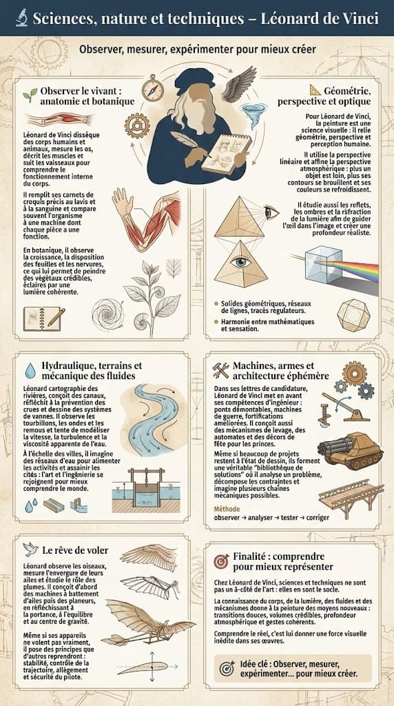 Infographie expliquant les observations scientifiques de Léonard de Vinci, de l’anatomie à la botanique, de la géométrie à l’hydraulique, en montrant comment ses recherches nourrissent son art.