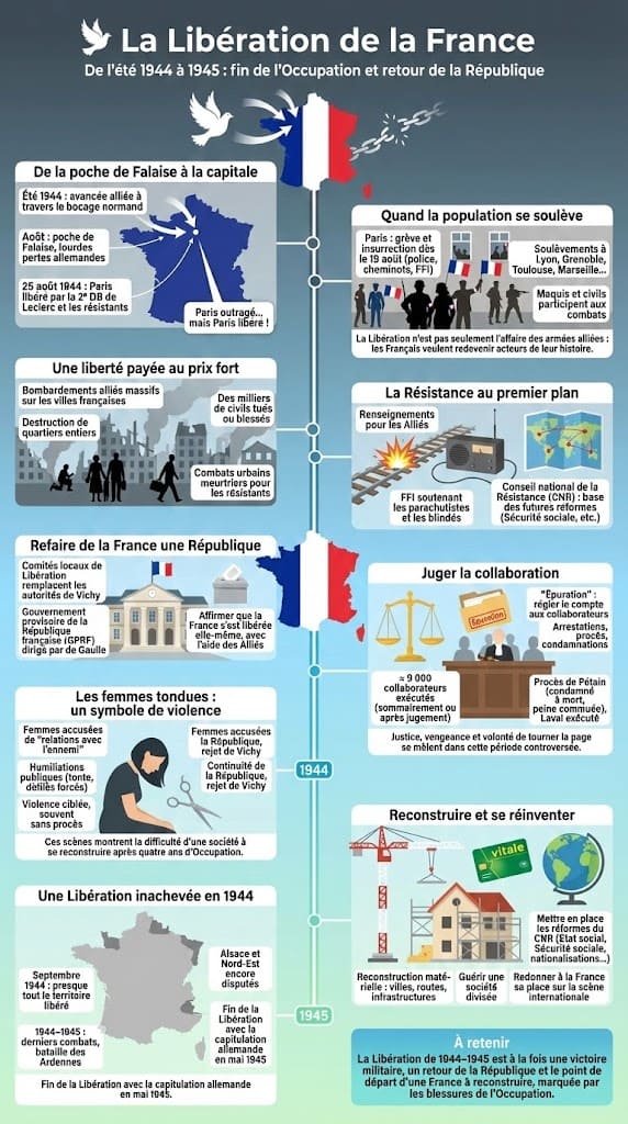 Infographie sur la libération du territoire français, le rôle des FFI, le retour de la République (GPRF) et le droit de vote des femmes.