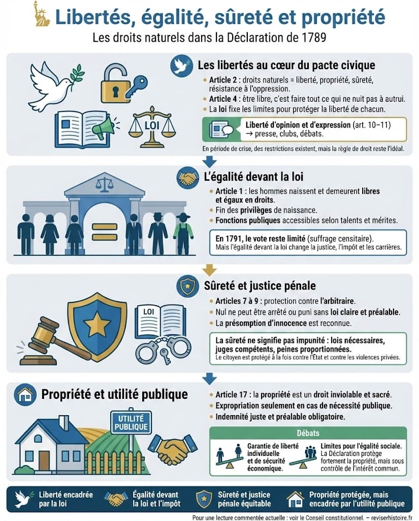 Infographie résumant les principaux droits garantis par la Déclaration des droits de l’homme et du citoyen de 1789 : libertés fondamentales, égalité devant la loi, sûreté, présomption d’innocence et protection de la propriété.