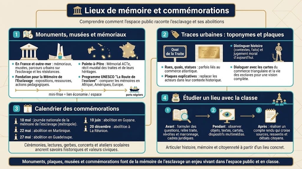 Infographie présentant les monuments, musées, traces urbaines, dates de commémoration et pistes pédagogiques pour étudier un lieu lié à l’esclavage avec les élèves.