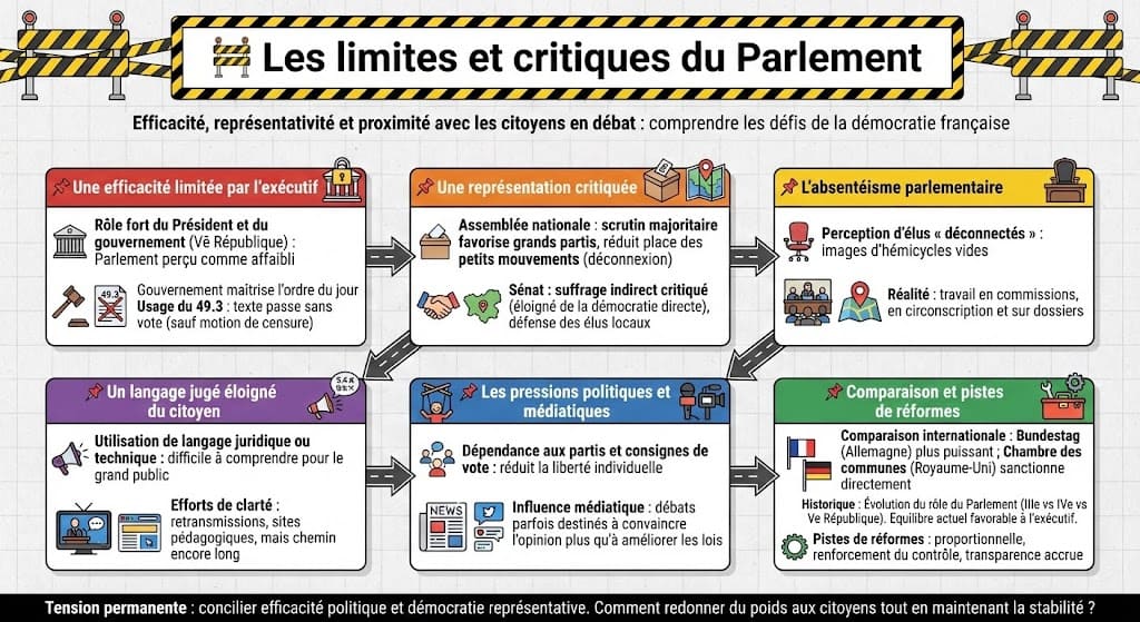 Infographie sous forme de panneaux d'avertissement listant les critiques du Parlement : domination de l'exécutif (49.3), problèmes de représentativité, absentéisme perçu, langage complexe et pression des partis.
