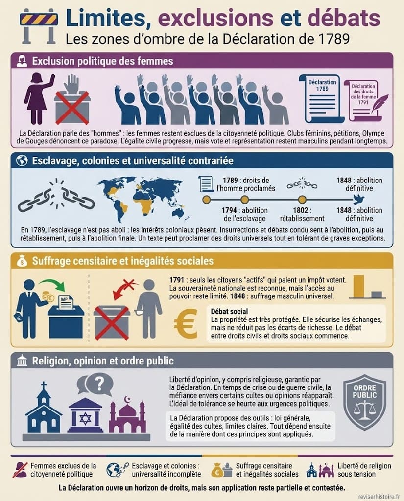 Infographie montrant les limites de la Déclaration des droits de l’homme et du citoyen de 1789 : exclusion politique des femmes, maintien de l’esclavage, suffrage censitaire et tensions entre liberté religieuse et ordre public.