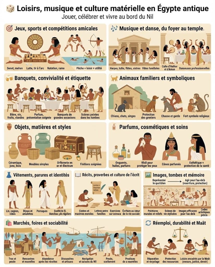 Infographie illustrant jeux de plateau, sports, musique et danse, banquets, animaux familiers, objets du quotidien, vêtements, bijoux et récits écrits dans l’Égypte antique.