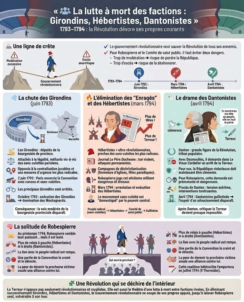 Infographie chronologique illustrant l'élimination successive des factions politiques rivales par le gouvernement de Robespierre : la chute des Girondins modérés, l'exécution des Hébertistes ultra-révolutionnaires, puis celle des Dantonistes (Indulgents).