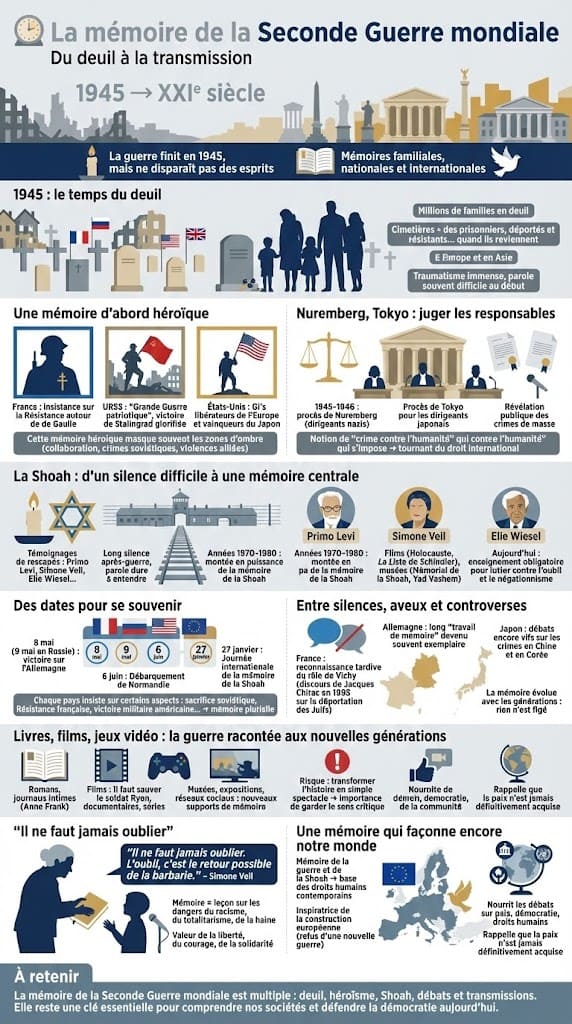 Infographie sur l’évolution de la mémoire : mythe résistant, reconnaissance de la Shoah, procès de Nuremberg et devoir de mémoire.