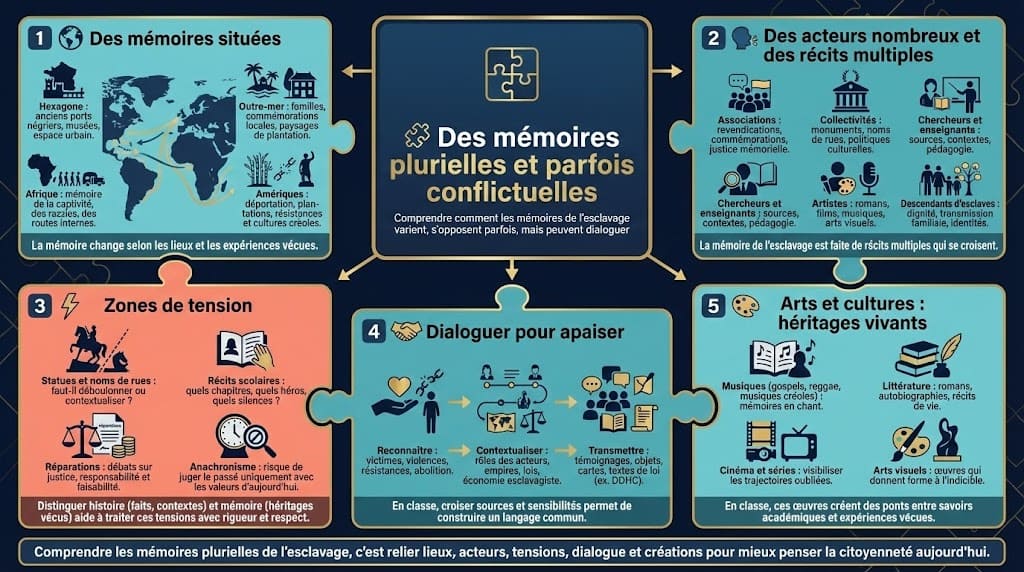 Infographie présentant les monuments, musées, traces urbaines, dates de commémoration et pistes pédagogiques pour étudier un lieu lié à l’esclavage avec les élèves.