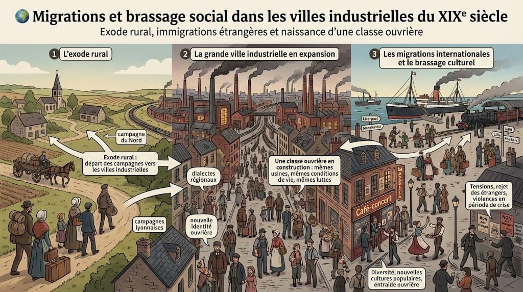 Infographie historique en trois parties illustrant les mouvements de population au XIXe siècle. À gauche, l'exode rural : des paysans quittent la campagne pour la ville. Au centre, la ville industrielle en expansion avec ses usines, sa foule ouvrière diverse et la formation d'une conscience de classe. À droite, les migrations internationales (arrivée par bateaux et trains de Liverpool, Manchester, Italie) et le brassage culturel dans les lieux de sociabilité, incluant aussi les tensions xénophobes.