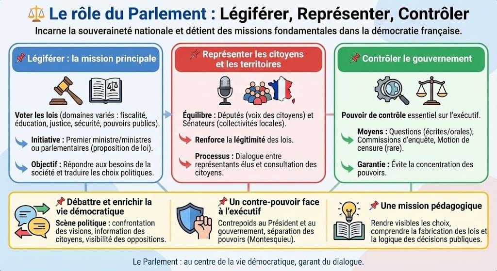 Infographie divisée en trois piliers illustrant les rôles clés du Parlement : Légiférer (voter la loi), Représenter (les citoyens et territoires) et Contrôler (surveiller l'action du gouvernement).