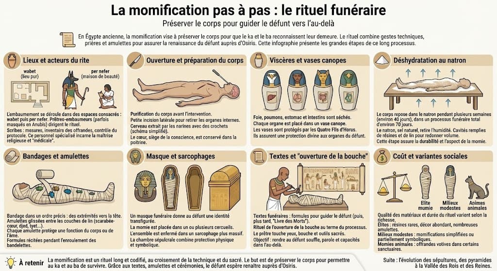 Infographie présentant pas à pas la momification en Égypte antique, de l’embaumement et du retrait des viscères au séjour dans le natron, aux bandages, aux amulettes protectrices et au rituel de l’ouverture de la bouche, avec variantes sociales.